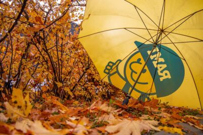 Keltaisen avatun sateenvarjon alla on maassa keltaisia vaahteranlehtiä.