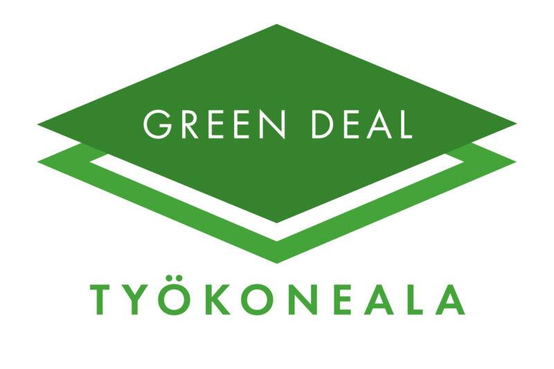 Vihreäsävyinen graafinen logo, jossa lukee Green deal työkoneala.