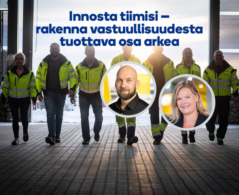 Joukko työvaatepukuisia ihmisiä kävelee rivissä kohti kameraa ja tekstinä lukee Innosta tiimisi - rakenna vastuullisuudesta tuottava osa arkea.