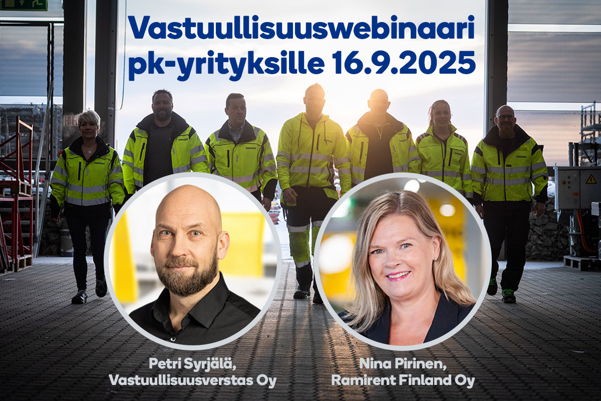 Taustalla työvaatteisiin pukeutuneita ihmisiä rivissä. Kuvat Petri Syrjälästä ja Nina Pirisestä sekä teksti Vastuullisuuswebinaari pk-yrityksille 16.9.2025.