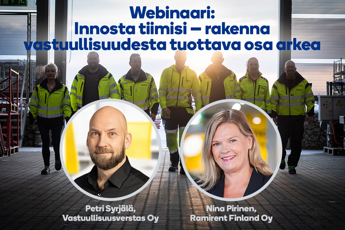 Petri Syrjälän ja Nina Pirisen kasvokuvat sekä teksti Webinaari: Innosta tiimisi – rakenna vastuullisuudesta tuottava osa arkea.