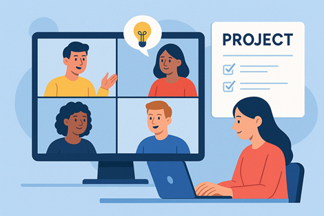 Piirroskuva naisesta jonka tietokoneruudulla näkyy neljä muuta ihmistä.