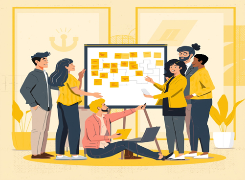 Kellertäväsävyinen piirroskuva jossa ihmisiä on kokoontunut fläppitaulun ympärille.