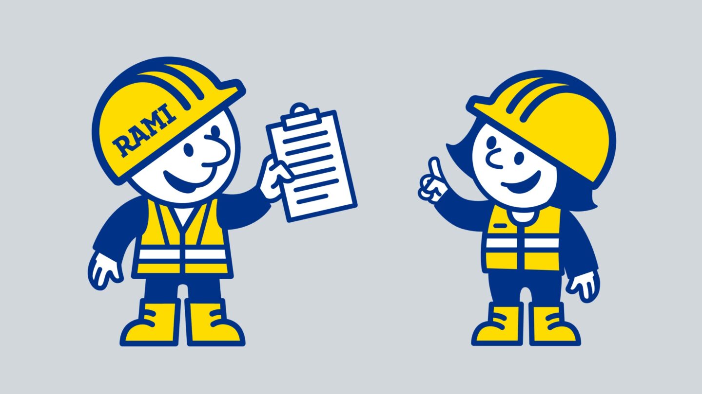 Ramirentin piirroshahmot Rami ja Ramina seisovat iloisina vierekkäin harmaalla taustalla.