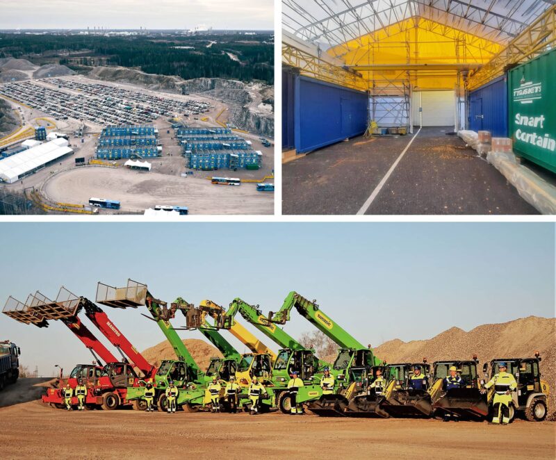 Kolme kuvaa yhdistettynä joissa näkyy yleiskuva työmaatiloista ylhäältä kuvattuna, siltanosturi huoltoteltassa sekä rivi kurottajia kuljettajineen.