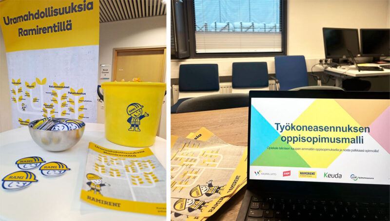 Kaksi kuvaa joissa näkyy opiskelijamateriaalia esittelypöydällä ja tietokoneen ruudulla.