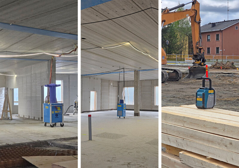 Kaksi kuvaa vesikiertolämmittimestä työmaalla ja yksi kuva työmaaradiosta lautakasan päällä yhdistettynä yhteen kuvaan.