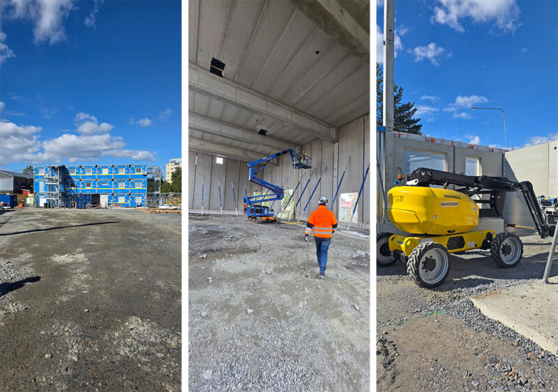 Kaksi kuvaa henkilönostimista ja yksi kuva työmaatiloista yhdistettynä yhteen kuvaan.