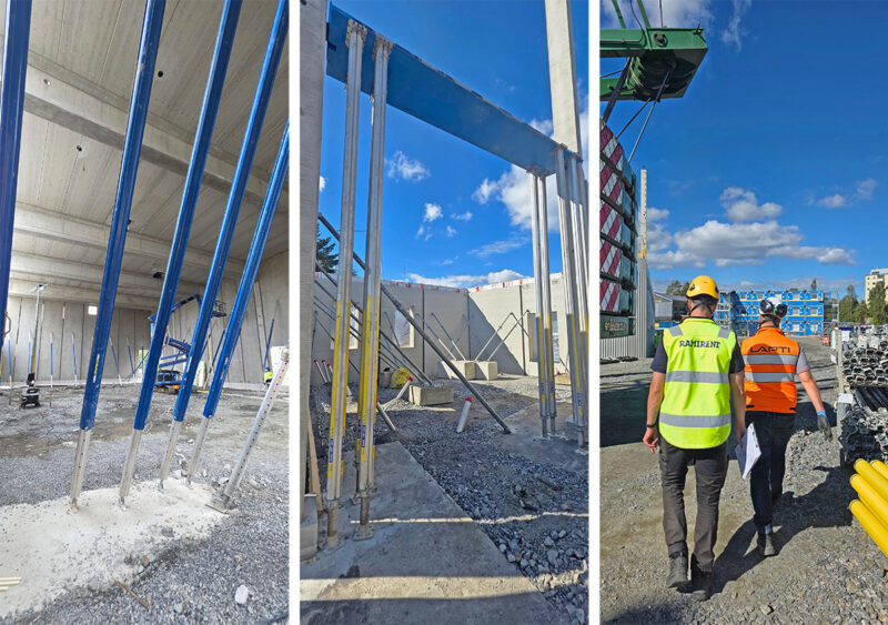 Kaksi kuvaa tuista työmaalla ja yksi kuva kahden kamerasta pois päin kävelevän ihmisen selästä yhdistettynä yhteen kuvaan.