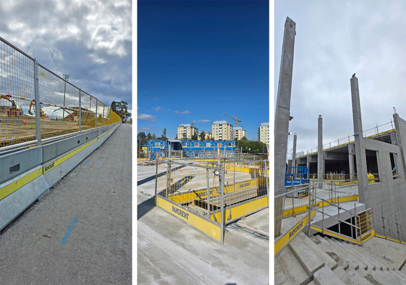 Kaksi kuvaa putoamissuojauksesta työmaalla ja yksi kuva liikennekaiteesta yhdistettynä yhteen kuvaan.