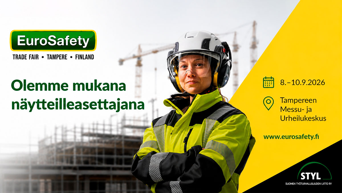 Eurosafety-messuista kertova bannerikuva jossa seisoo työvaatepukuinen nainen kädet puuskassa. Tekstinä lukee 8.-10.9. Tampereen Messu- ja Urheilukeskus sekä Olemme mukana näytteilleasettajana.